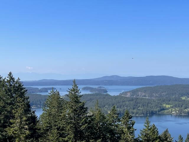 Scenic view of Orcas Island and surrounding waters with forested islands